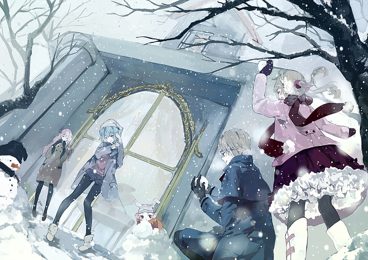 HD wallpaper: anime winter, snow, tree, snowball, snowman, cold temperature  | Wallpaper Flare