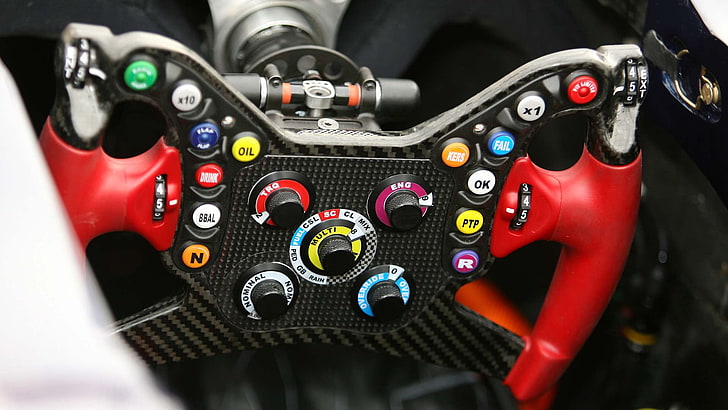 red and black control panel, Formula 1, close-up, technology
