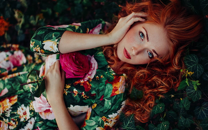 women's green and multicolored floral dress, red haired woman in green floral dress, HD wallpaper
