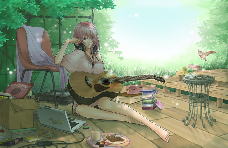 pink haired female anime character, girl, birds, guitar, headphones