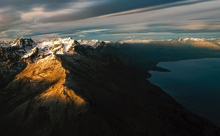 sea, New Zealand, clouds, Lake Wakatipu, hills, mountains, landscape, HD wallpaper