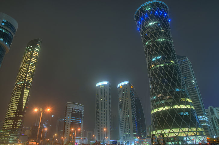 glass high rise building, doha, qatar, uae, skyscrapers, night, HD wallpaper