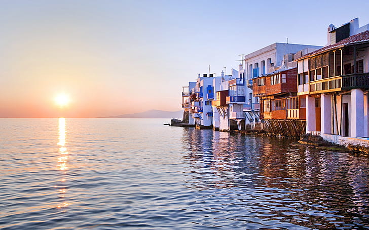 Sunset reflected over sea, Little Venice, Mykonos, Greece, house, HD wallpaper