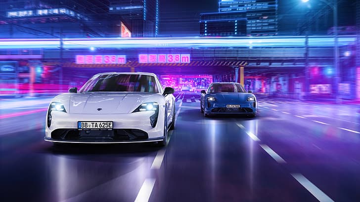 Porsche, Porsche Taycan, street, night, city lights, motion blur, HD wallpaper