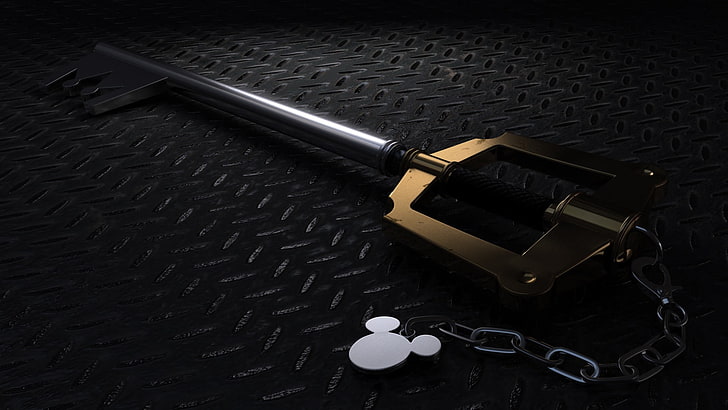 silver-and-gold-colored Mickey Mouse skeleton key, Kingdom Hearts