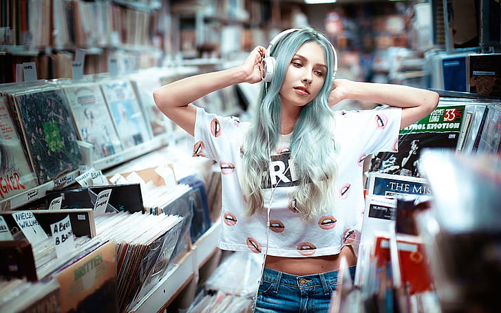 Blue hair girl, headphones, music