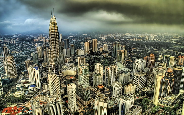 edited photo of cityscape, Petronas Towers, Kuala Lumpur, Malaysia, HD wallpaper