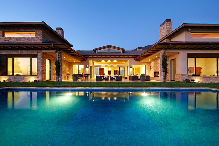 rectangular swimming pool, grass, house, table, Villa, chairs, HD wallpaper