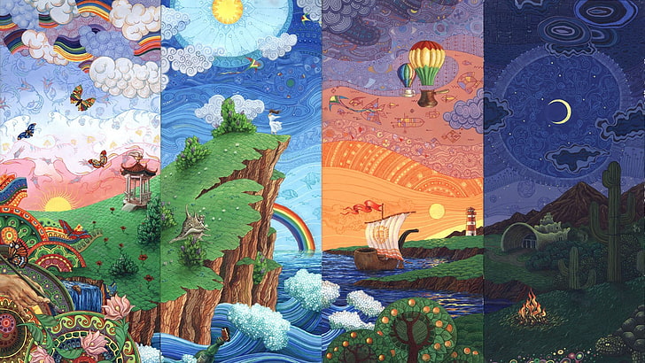 multicolored landscape paintings collage, digital art, nature, HD wallpaper