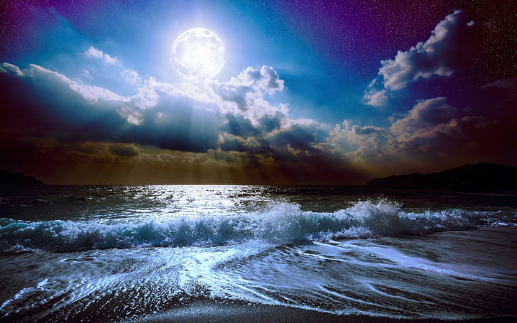 Moon midnight, sea waves, moonlight, Nature, landscape, clouds