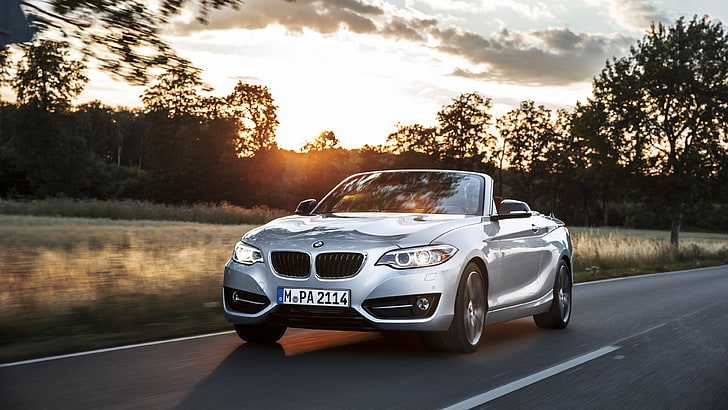 silver BMW M-Series convertible coupe, sunset, car, nature, vehicle, HD wallpaper