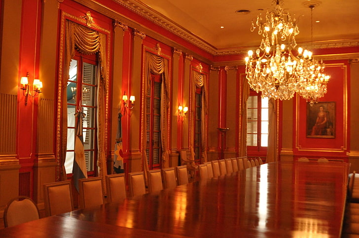 room, interior, chandeliers, table, palace, illuminated, lighting equipment