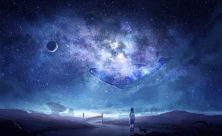 HD wallpaper: anime sky, milky way, stars, anime boy, dog, moon, whale,  galaxy | Wallpaper Flare