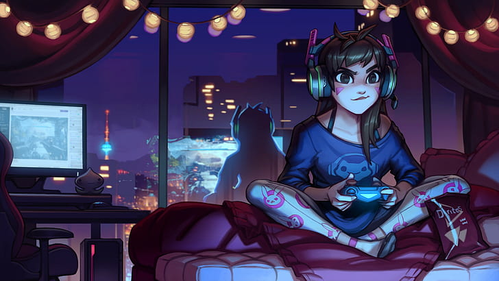 girl sitting on bed holding game controller illustration, Overwatch