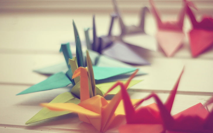 paper cranes, colorful, depth of field, origami, art and craft