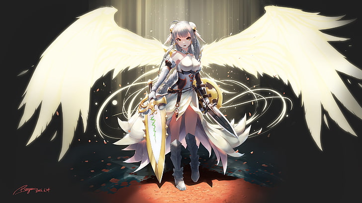 puzzle and dragons, valkyrie, anime game, wings, dual sword, HD wallpaper