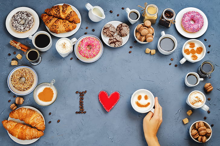coffee, cookies, sweets, donuts, love, I love you, heart, cakes, HD wallpaper