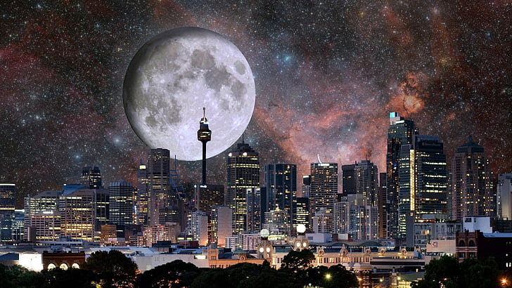 skyline, digital art, Moon, space, cityscape, HD wallpaper