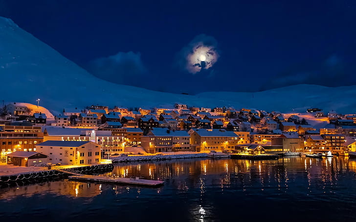 Night, city town, moon, mountains, snow, winter, house, lake, lights