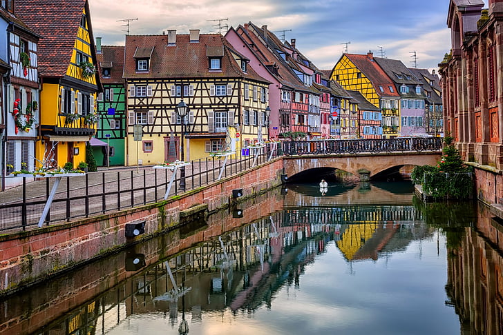 Towns, Colmar, Alsace, Bridge, Canal, Colors, France, House, HD wallpaper