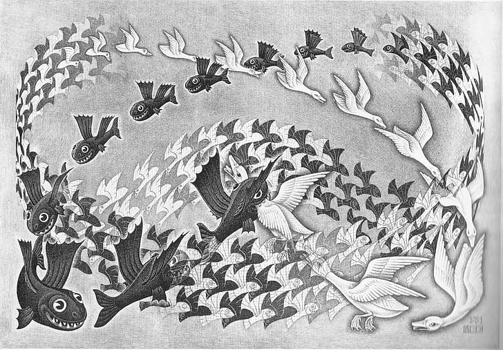Artwork, M. C. Escher, Monochrome, Psychedelic, Animals, Fish, Bird, Geese, Flying, Lithograph