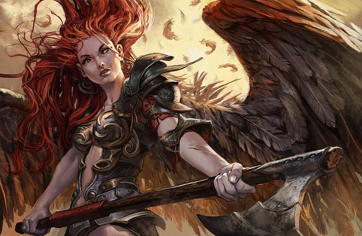 female anime character wallpaper, warrior, angel, fantasy art, HD wallpaper