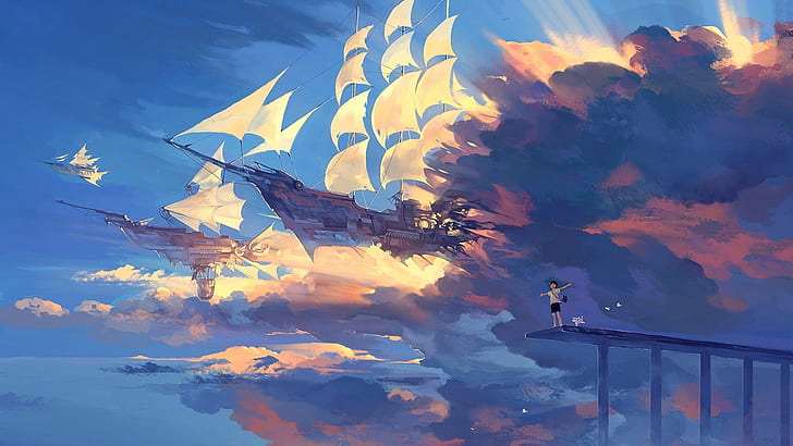 hanyijie, sky, scenery, ship, anime, art, HD wallpaper