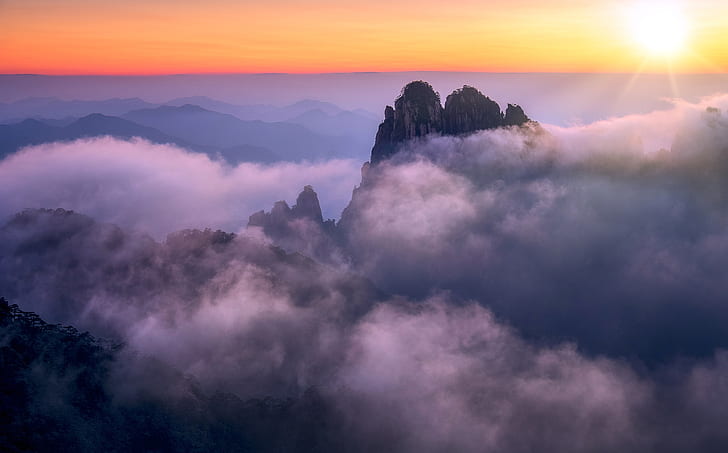 clouds, sunset, mountains, China, Anhui, Huangshan, HD wallpaper