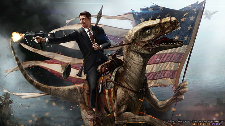 humor, dinosaurs, Ronald Reagan, digital art, flag, gun