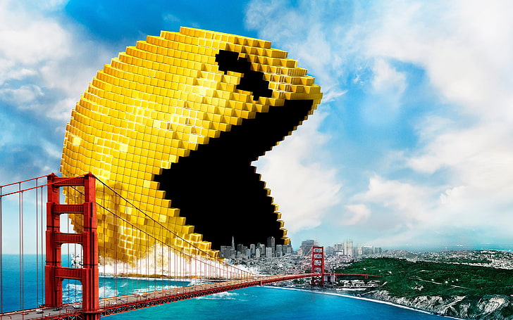 Pacman illustration, Pac-Man on Golden Gate Bridge edited photo