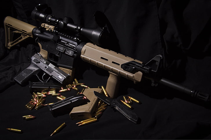 beige and black assault rifle, gun, weapons, knife, AR-15, CZ P-07