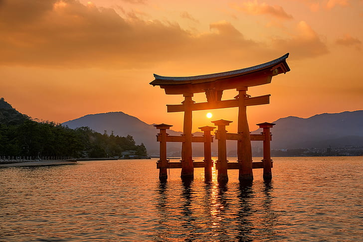 sea, sunset, mountains, Japan, the gates, torii, Itsukushima Shrine, HD wallpaper