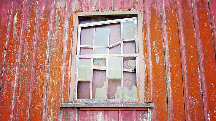 brown wooden framed glass panel, window, broken, old, building exterior