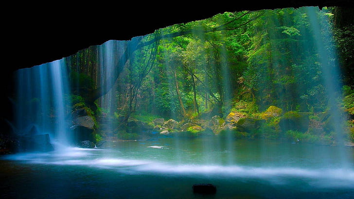 Oguni Kumamoto Prefectur HD, cave, green, rainforest, waterfalls, HD wallpaper