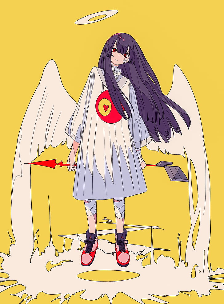 anime girls, purple hair, yellow background, long hair, wings