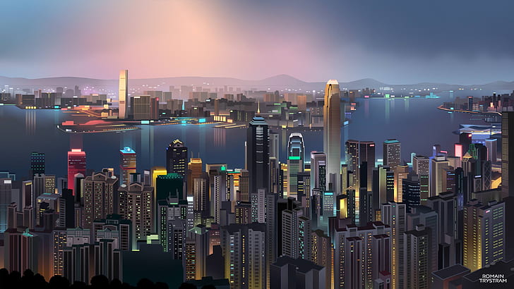 hong kong low poly, minimalism, cityscape, skyscrapers, Others