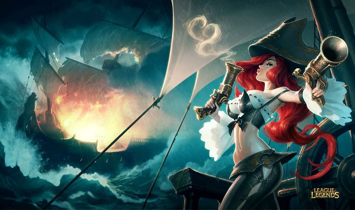 Miss Fortune, guns, weapons, games, girl, red hair, ship, video games