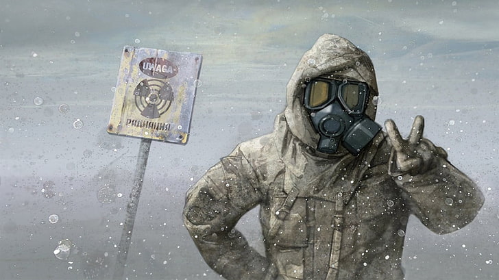 person wearing black gas mask illustration, gas masks, apocalyptic