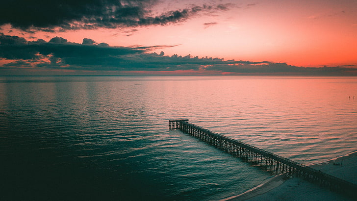 sunrise, united states, usa, mexico beach, pier, morning, reservoir, HD wallpaper