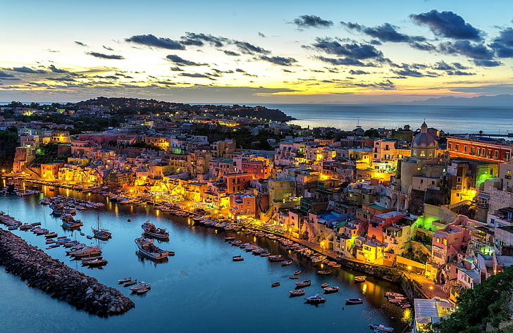 village houses, sea, sunset, building, port, Italy, panorama, HD wallpaper