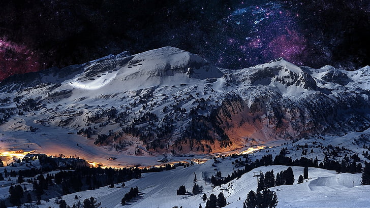 nature, sky, snow, winter, starry sky, mountain, mountain range