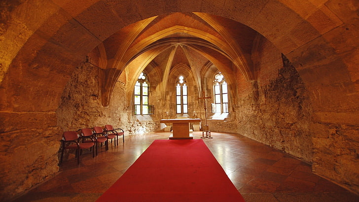 Credence table, castle, church, interior, cross, Altar, chair, HD wallpaper