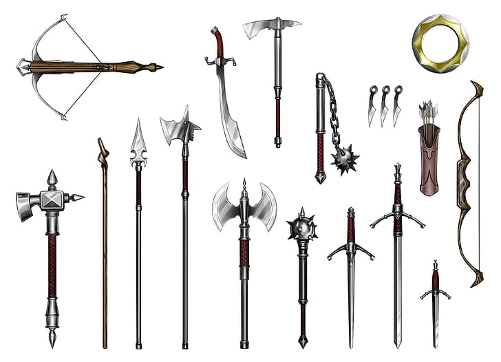 spears, crossbow, quiver, mace, flail, long sword, scimitar, HD wallpaper