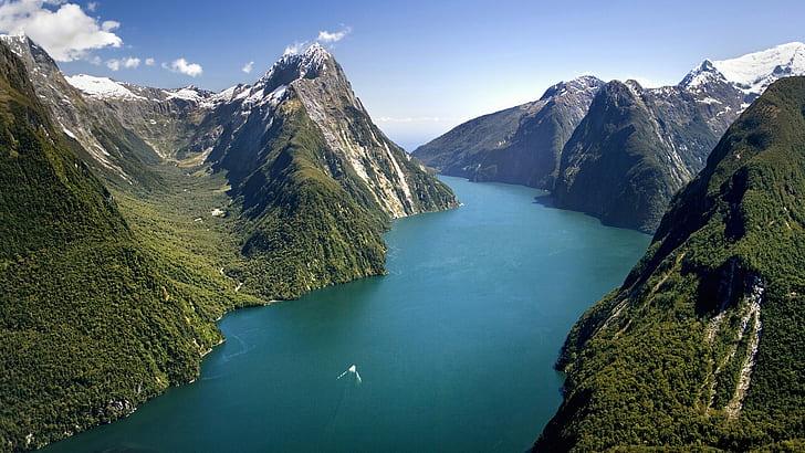 forest  birds eye view  boat  mountains  water  river  snow  Milford Sound  trees  nature  clouds  New Zealand  landscape