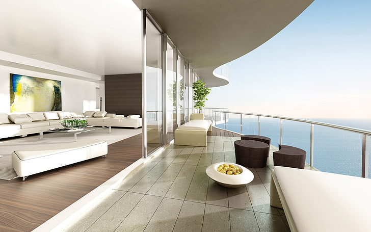 white fabric ottoman chair, design, style, room, sofa, the ocean, HD wallpaper
