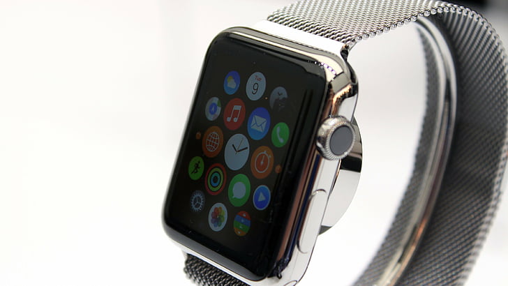 stainless steel aluminum case Apple watch with grey milanese loop band, HD wallpaper