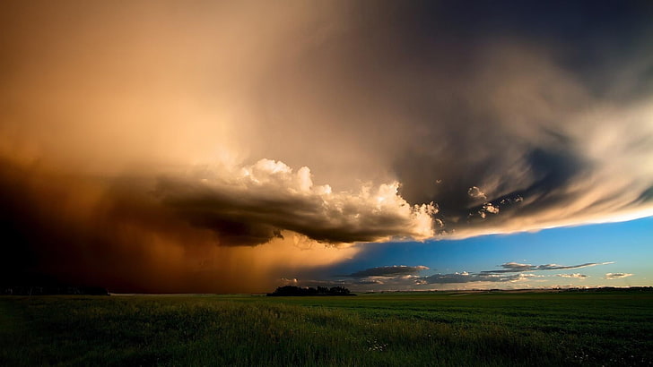 sky, cloud, storm, horizon, field, grassland, cumulus, rain, HD wallpaper