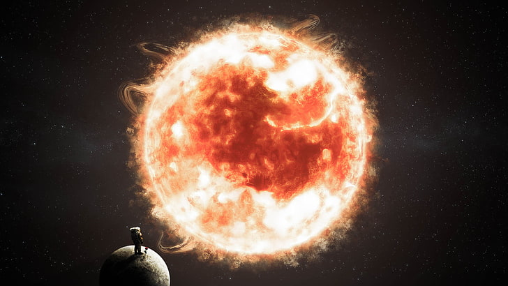 sun illustration, space, stars, planet, astronaut, rose, embryo