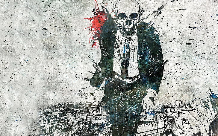 skull, Alex Cherry, businessmen, grunge, artwork, paint splatter, HD wallpaper