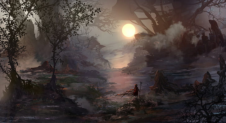 warrior loneliness hero fantasy art nature trees mist sun wind swamp, HD wallpaper